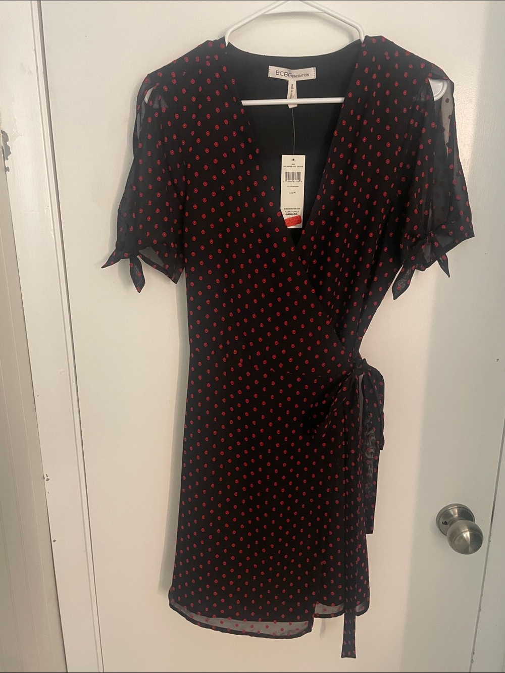 BCBGeneration Black Mini Wrap Dress with Red Polka Print